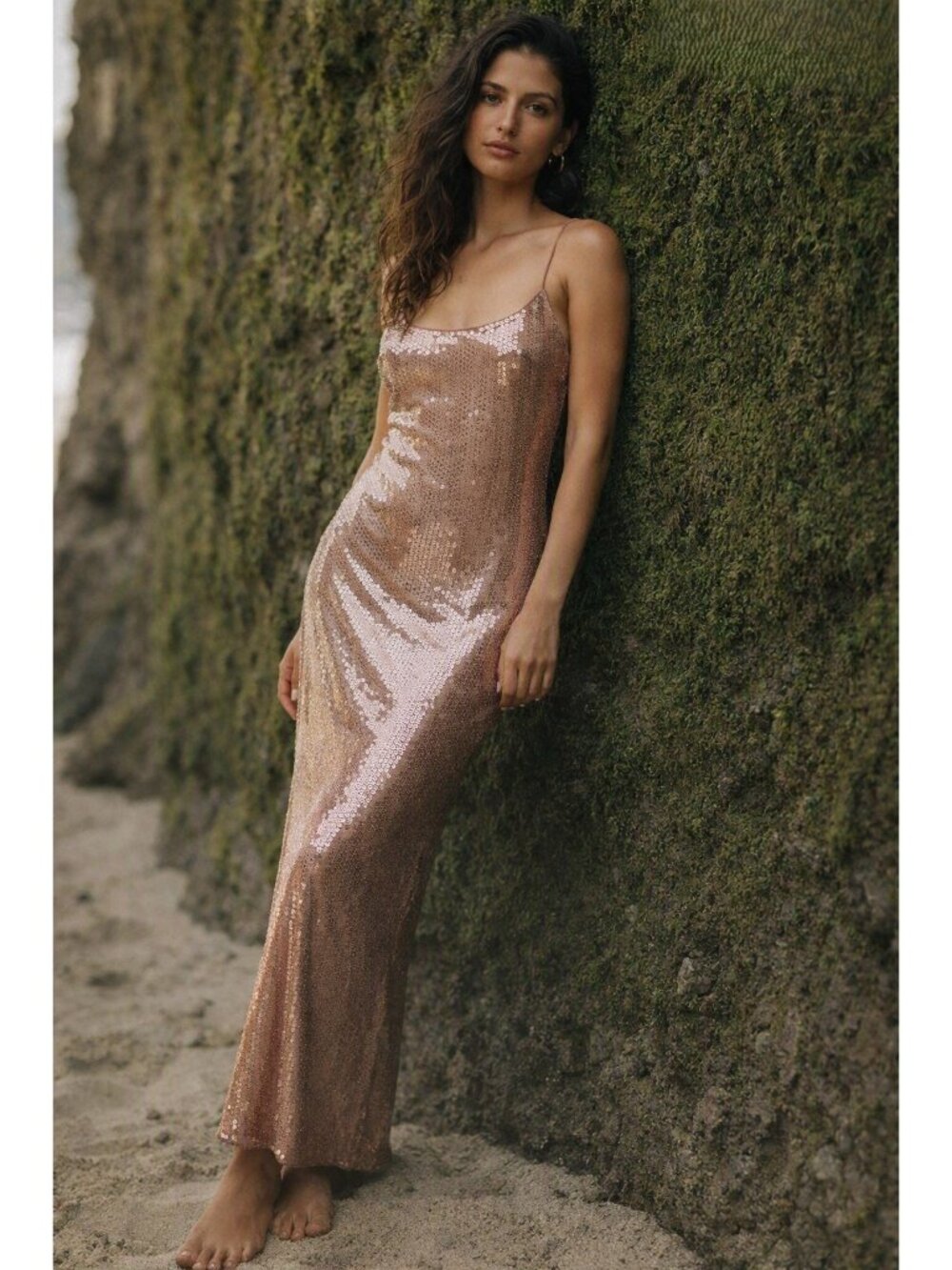 NWT Reformation x Camille Rowe Bevelyn in Rose Gold Sequin Maxi Tank Dress 10